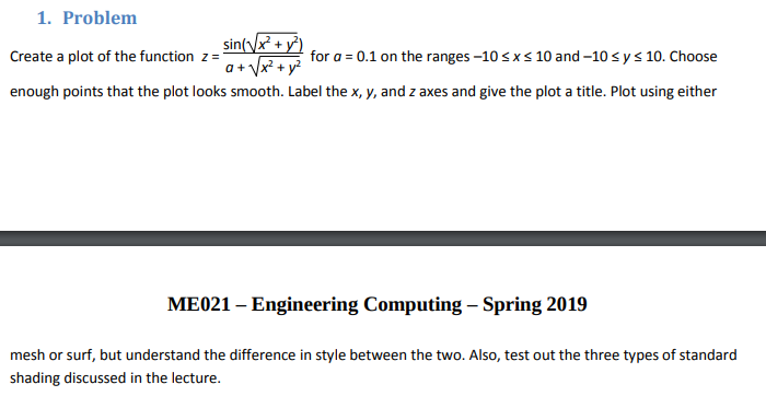 1. Problem Create a plot of the function z- yor a a 0.1 on the ranges-10sxs 10 and-10sy s 10. Choose enough points that the p