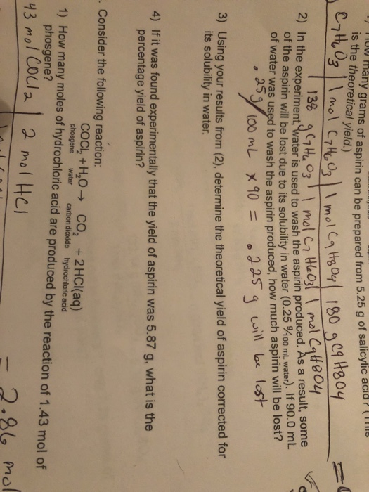 Solved O Many Grams Of Aspirin Is The Theoretical Yield Chegg Com