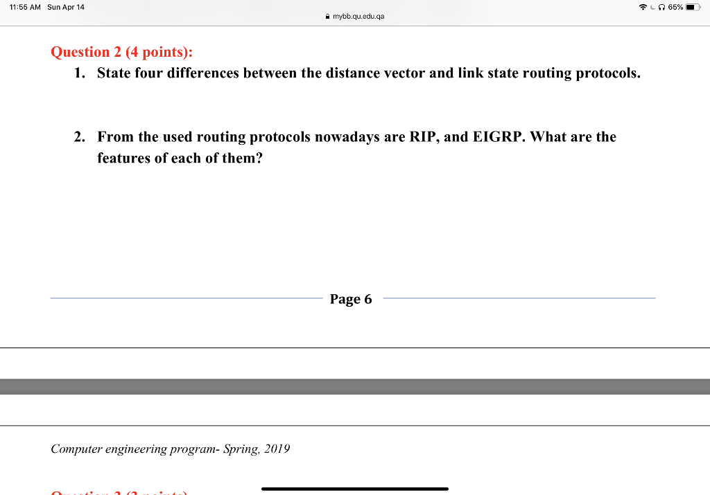 11:55 AM Sun Apr 14 슬 mybb.qu.edu.qa Question 2 (4 points): 1. State four differences between the distance vector and link st