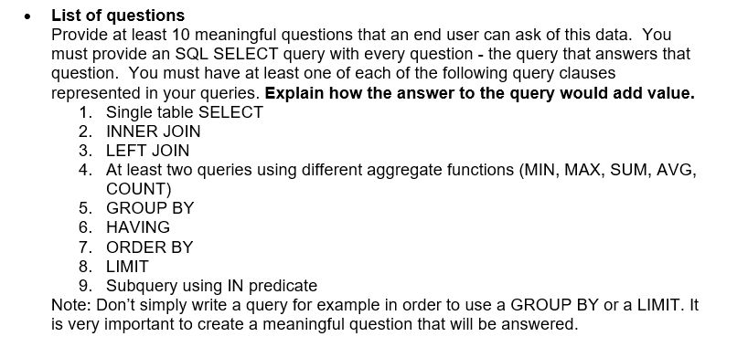 List of questions Provide at least 10 meaningful questions that an end user can ask of this data. You must provide an SQL SEL