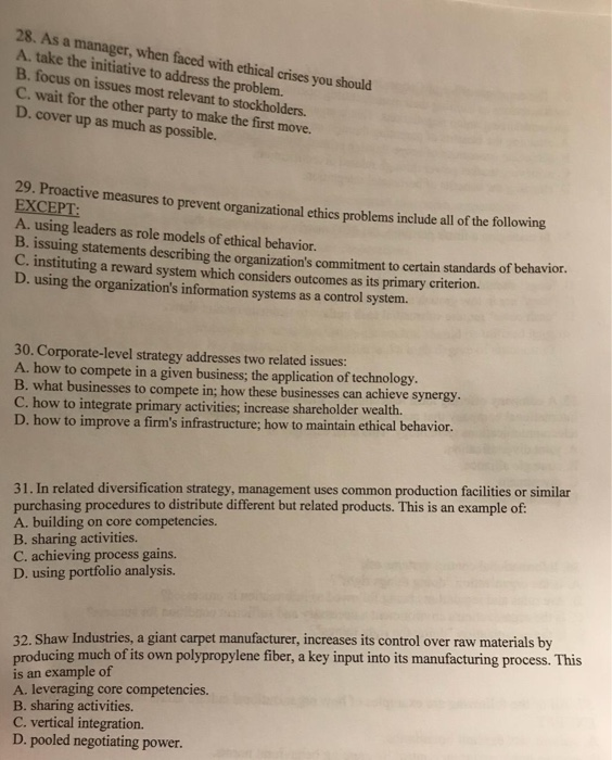Solved 28. As A Manager, When Faced With Ethical Crises You | Chegg.com