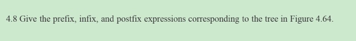 4.8 Give the prefix, infix, and postfix expressions corresponding to the tree in Figure 4.64