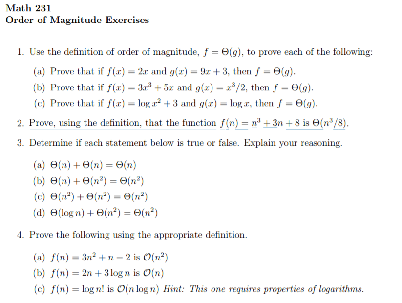 Solved Math 231 Order Magnitude Exerci 1 Use Definition Order Magnitude F E G Prove Following Pro Q