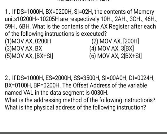 Solved 1 If Ds 1000h Bx 00h Si O2h The Contents Of Chegg Com