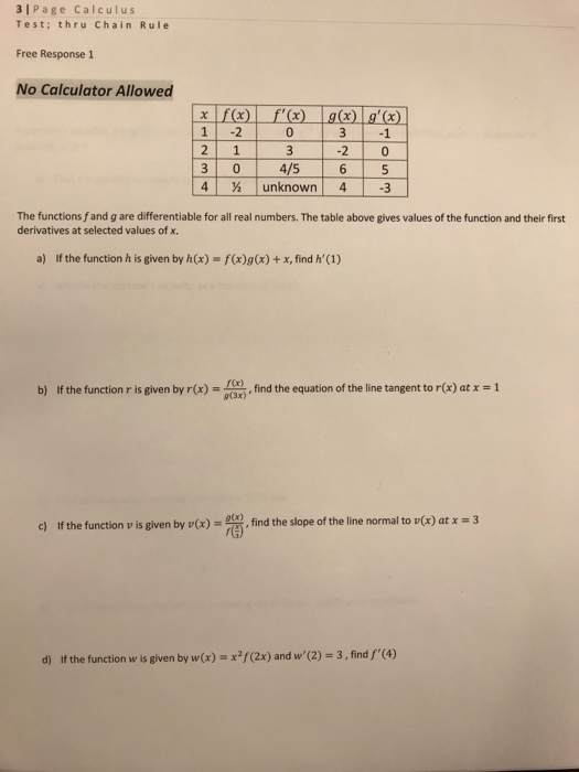 Solved 3 Page Calculus Test Thru Chain Rule Free Respons Chegg Com