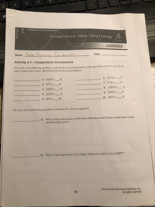 Temperature Heat And Energy 4 Name Date Activity Chegg Com