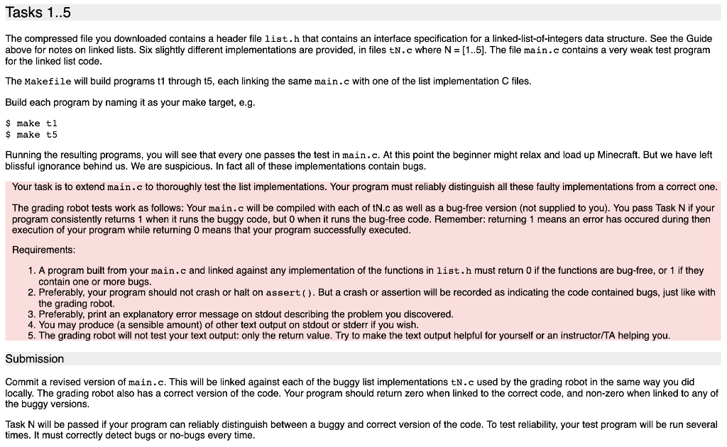 Tasks 1..5 The compressed file you downloaded contains a header file list.h that contains an interface specification for a li