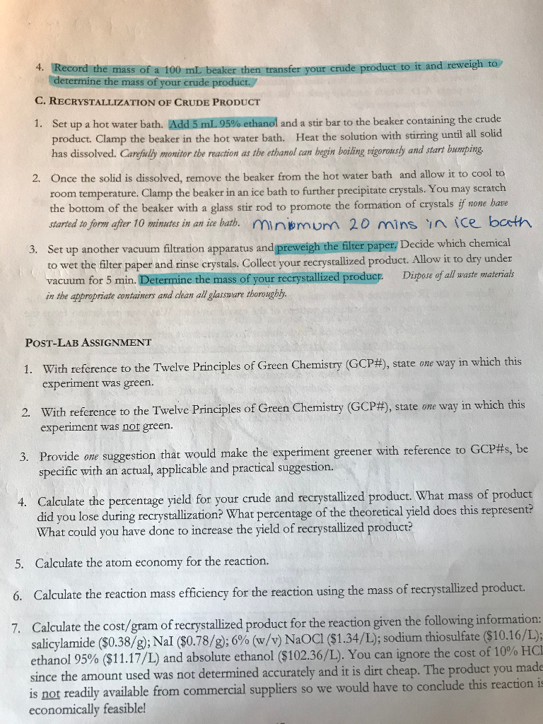 Solved Calculate The Percentage Yield For Your Crude And Chegg Com