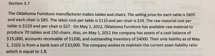 Section 3.7 The Oklahoma Furniture manufacturer makes tables and chairs. The selling price for each table is $895 and each chair is $85. The labor cost per table is $110 and per chair is $34. The raw material cost per table is $120 and per chair is $27. On May 1, 2012, Oklahoma Furniture has available raw material to produce 70 tables and 250 chairs. Also, on May 1, 2012 the company has assets of a cash balance of $15,000, accounts receivable of $1200, and outstanding inventory of $4000. Their only liability as of May 1, 2102 is from a bank loan of $10,000. The company wishes to maintain the current asset-liability ratio which is equal to 1.8.