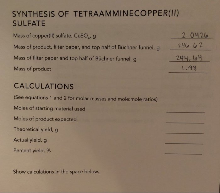 Synthesis Of Tetraamminecopper Ii Sulfate Mass Of Chegg 