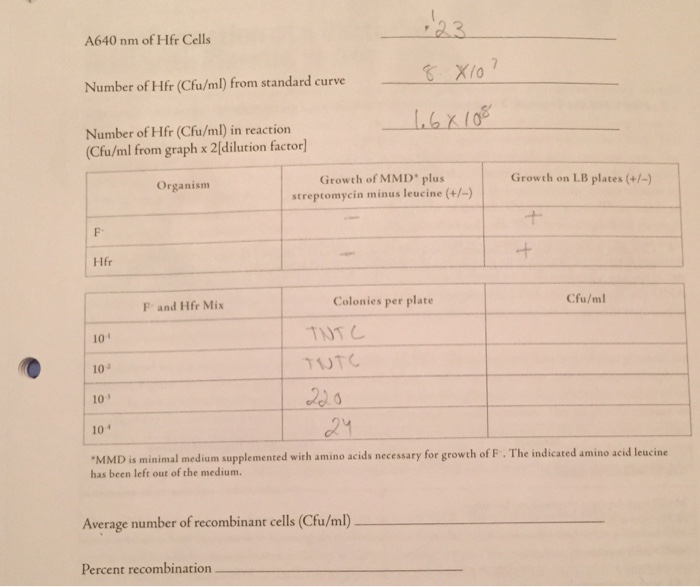 A640 nm of Hfr Cells Number of Hfr (Cfu/ml) from standard curve Number of Hfr (Cfu/ml) in reaction 8. Xo (Cfu/ml from graph x 2[dilution factor Growth of MMD plus streptomycin minus leucine (+/-) Growth on LB plates (+1-) Organisnm F- Hfr Colonies per plate Cfu/ml F- and Hfr Mix 10 102 10 101 MMD is minimal medium supplemented with amino acids necessary for growth of F. The indicated amino acid leucine UTC has been left out of the medium. Average number of recombinant cells (Cfu/ml) Percent recombination