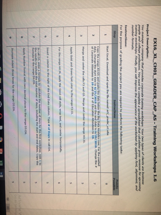 EX16 xl_cho1_ grader cap_as training workshops 1.6 project description you people and college professors. you want to complete a spreadsheet that calculates gross revenue for upcoming training workshops. finally, you will improve the appearance of the worksheet by applying font alignment and number formats. instructions: for the purpose of grading the project you are required to perform the following tasks start excel. download and open the file named eo grader alxdsa copy the range a5:g5 and paste the data below the big data analytics row. for the pasted data, change the start date to 6/25/2018 and the end date to 6/29/2018. change the # of corporate to 10 and the of edu n attendees to 10 merge and center the cells f3 and g3. merge and center the range h3:33. apply bold and green font color to the range f3:33. for the range a4:34, apply the good cell style, wrap text, and center horizontally. insert a column to the right of the end date column. type # of days in cell d4. in cell d5, enter a for to c 1 to e results to include the total number of days, including the start and end dates. copy the formula to the range d6:d9. apply number format with zero increase indent three times for the range d5:d9.