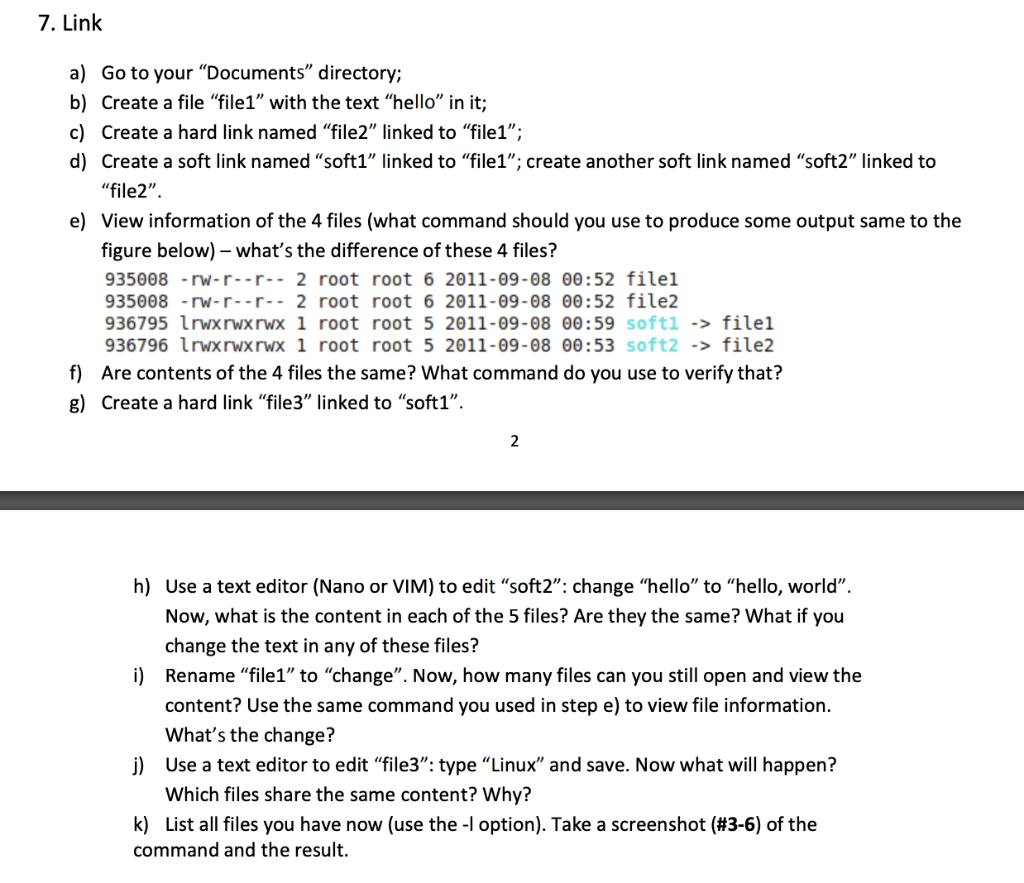 Solved 7. Link a) Go to your "Documents" directory; b) | Chegg.com