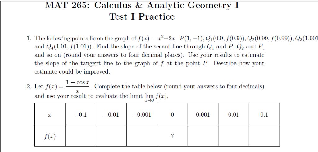 Solved Mat 265 Calculus Analytic Geometry I Test Pract