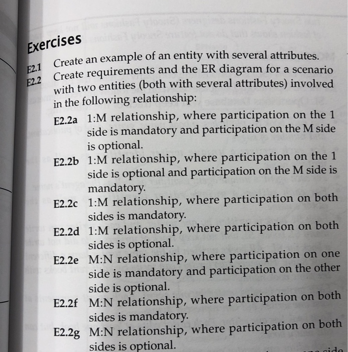 Exercises Create an example of an entity with several attribu E2.1 E2.2 Create requirements and the ER diagram for a scenario