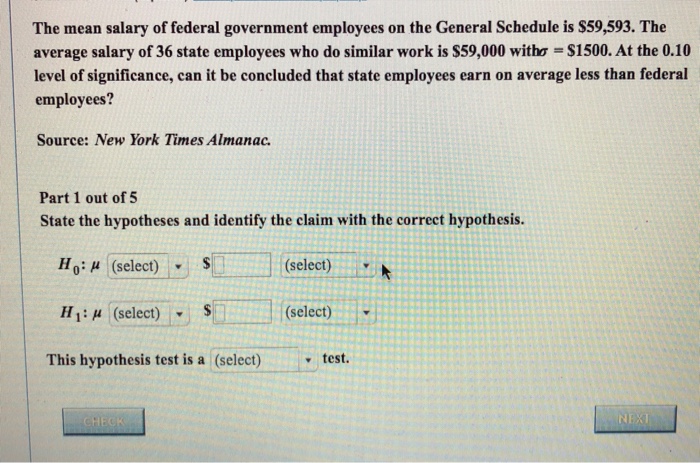 Solved The mean salary of federal government employees on | Chegg.com