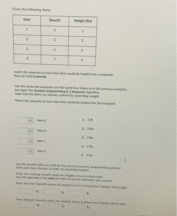 Given the following items Weight (Ibs) Item Benefit 2 3 2 match the amounts of each item that would be loaded into a knapsack