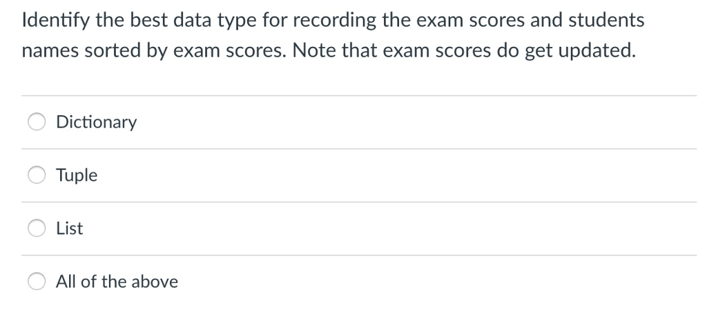 dentify the best data type for recording the exam scores and students names sorted by exam scores. Note that exam scores do get updated. Dictionary Tuple List All of the above