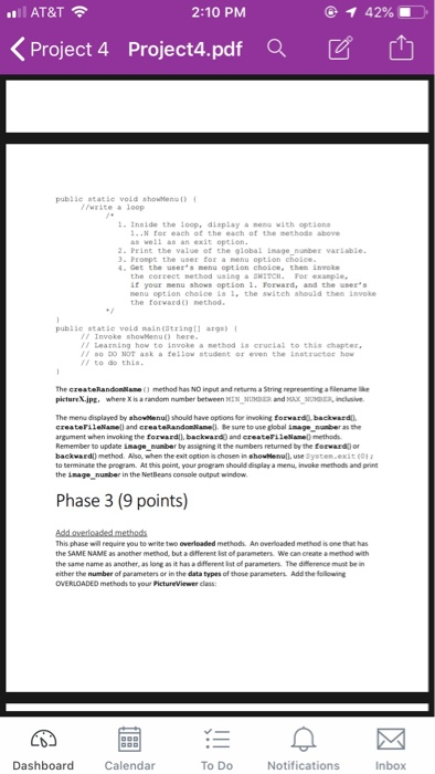 ( 42% 2:10 PM .ll AT&T令 < Project 4 Project4.pdf a [ pubiie statle vold shoMena urite loop t- Inside the loop, diaplaya mena