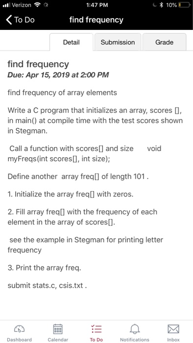 * 109600 1:47 PM Verizon令 < To Do find frequency Detail Submission Grade find frequency Due: Apr 15, 2019 at 2:00 PM find fre