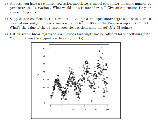 a) suppose you have a saturated regression model, i.e. a model containing the same number of parameters as observations. what