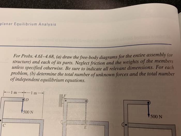 planar Equilibrium Analysis For Probs. 4.6 tructure) and each of its parts. Neglect frictio unless specified otherwise. Be sure to indicate all relevant dimensions. For each 1-4.68, (a) draw the free-body diagrams for the entire assembly (or n and the weights of the members problem, (b) determine the total number of unknown forces and the total number of independent equilibrium equations. 1 m 500 N 500 N Q.