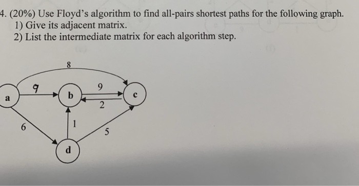 4. (20%) Use Floyds algorithm to find all-pairs shortest paths for the following graph. 1) Give its adjacent matrix. 2) List