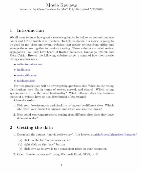 Solved Movie Reviews Submitted By Glenn Henshaw For Mat 1