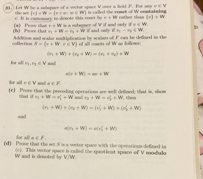 Solved 31 Let W Be A Subspace Of A Vector Space V Over Chegg Com