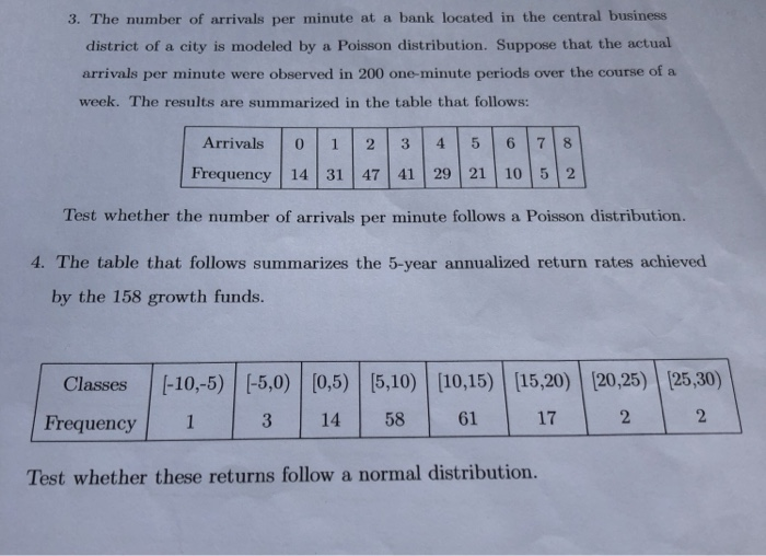 3. The number of arrivals per minute at a bank located in the central business district of a city is modeled by a Poisson distribution. Suppose that the actual arrivals per minute were observed in 200 one-minute periods over the course of a week. The results are summarized in the table that follows: Arrivals0 1 2 3 4 567 8 Frequency 14 31 47 41 29 21 10 5 2 Test whether the number of arrivals per minute follows a Poisson distribution. 4. The table that follows summarizes the 5-year annualized return rates achieved by the 158 growth funds. Classes ||-10-5)!(-5,0)|[05)|[5,10)|[10,15)| [15,2이[20,25)|[25,30) Frequency1 314 58 61 17 2 2 Test whether these returns follow a normal distribution.