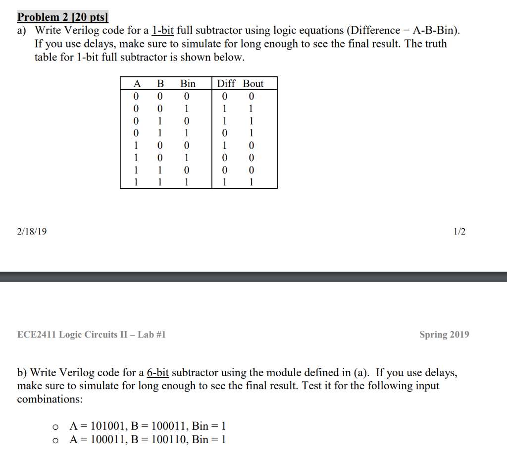 Solved Problem 2 120 Pts A Write Verilog Code For A 1 Bi Chegg Com