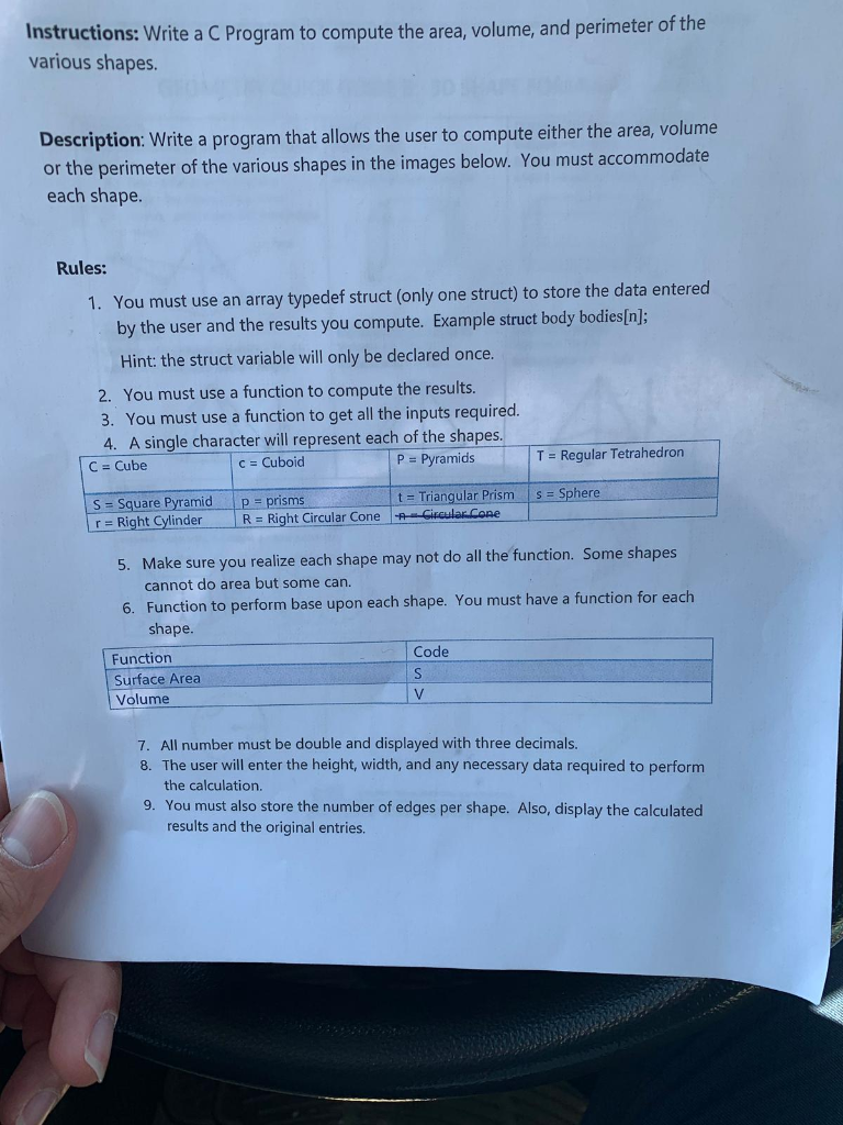 Instructions: Write a C Program to compute the area, volume, and perimeter of the various shapes. Description: Write a progra
