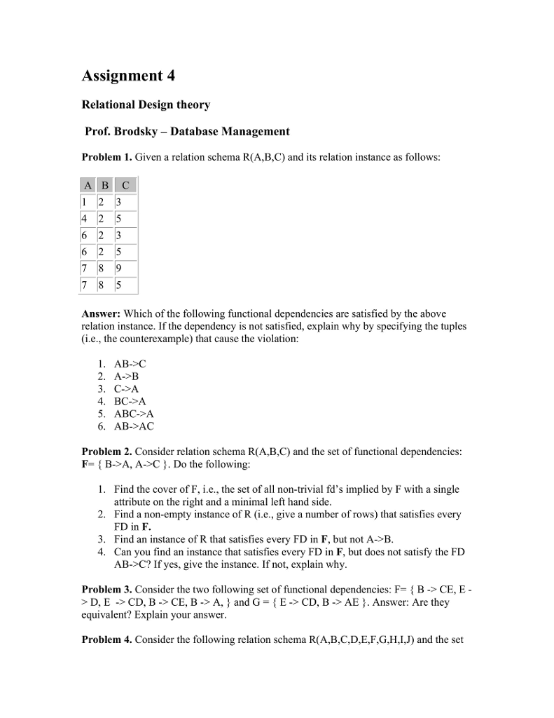 Solved Assignment 4 Relational Design Theory Prof Brodsk Chegg Com