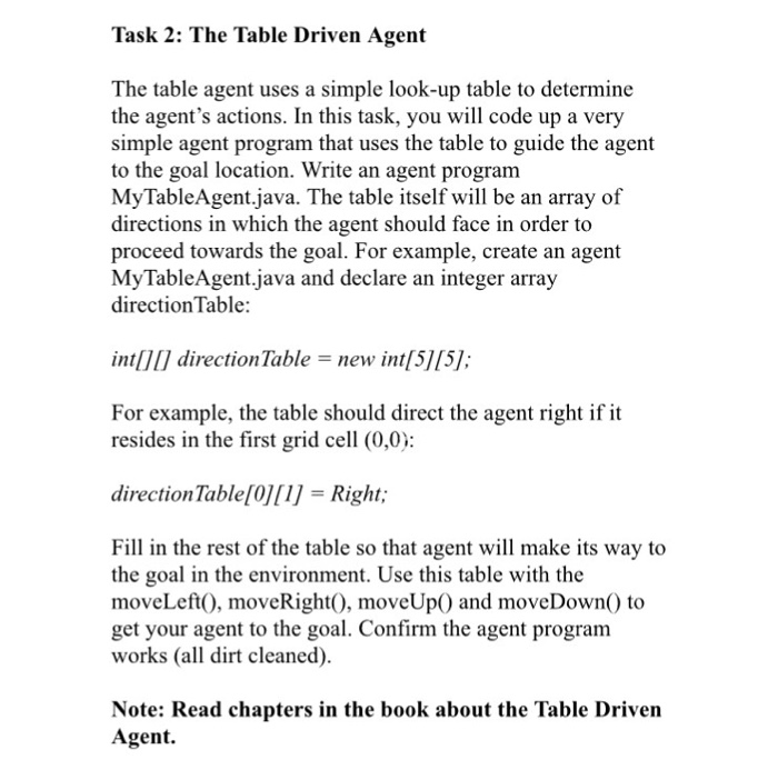 Task 2: The Table Driven Agent The table agent uses a simple look-up table to od the agents actions. In this task, you will code up a very simple agent program that uses the table to guide the agent to the goal location. Write an agent program MyTableAgent.java. The table itself will be an array of directions in which the agent should face in order to proceed towards the goal. For example, create an agent MyTableAgent.java and declare an integer array direction Table: int[][] directionTable-new int[5] [5]; For example, the table should direct the agent right if it resides in the first grid cell (0,0): directionTable[0][1] = Right; Fill in the rest of the table so that agent wil make its way to the goal in the environment. Use this table with the moveLeft0, moveRight0, moveUp) and moveDownO to get your agent to the goal. Confirm the agent program works (all dirt cleaned). Note: Read chapters in the book about the Table Driven Agent.