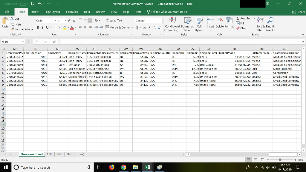AutoSave ( NormalizationCompany-Revised Compatibility Mode Excel Insert Page Layout Formulas Data Review View Help Tea lell m