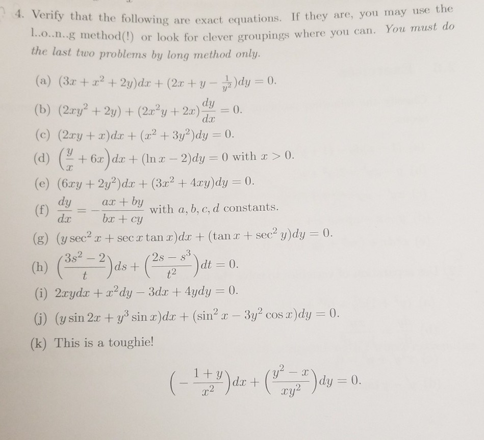 Solved 4 Verify That The Following Are Exact Equations If Chegg Com