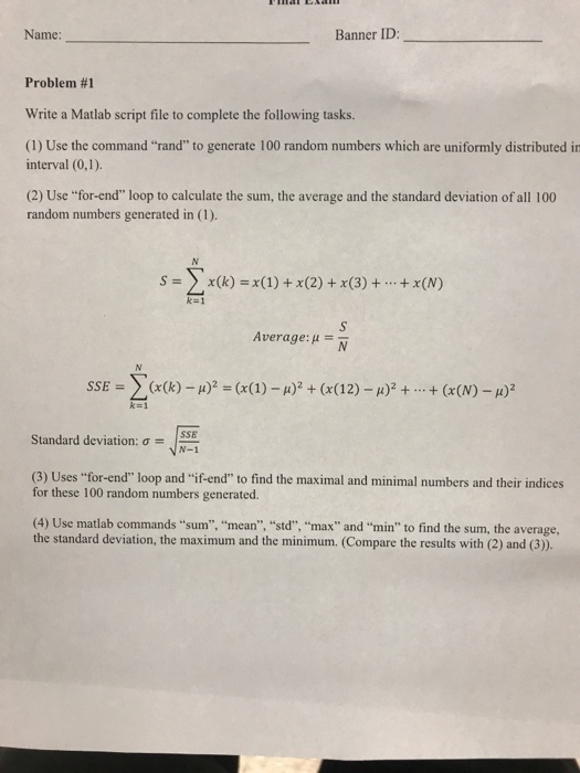 Solved Name Banner Id Problem 1 Write A Matlab Script F