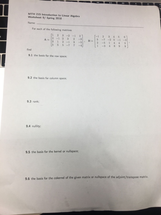 Solved Mth 215 Introduction To Linear Algebra Worksheet 9 Chegg Com