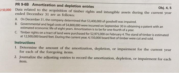 PR 9-6B Amortization and depletion entries ended December 31 are as follows: A. On December 31, the company determined that $3,400,00 of goodwill was impaired. Obj. 4, 5 150,000 Data related to the acquisition of timber rights and intangible assets during the current year with an Governmental and legal costs of $4,800,000 were incurred on September 30 in obtaining a patent estimated economic life of eight years. Amortization is to be for one-fourth of a year. Timber rights on a tract of land were purchased for at 12,500,000 board feet. During the current year, 4,150,000 board feet of timber were cut and sold B. C. $2,975,000 on February 4. The stand of timber is estimated Instructions 1. Determine the am ount of the amortization, depletion, or impairment for the current year for each of the foregoing items 2. Journalize the adjusting entries to record the amortization, depletion, or impairment for each item