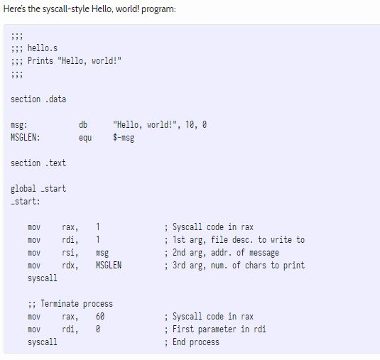 Heres the syscall-style Hello, world! program: hello.s Prints Hello, world! 939 section .data Hello, world!, 18, 8 $-nsg d