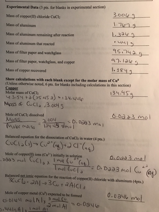 Experimental Data 3 Pts For Blanks In Experimental Chegg 