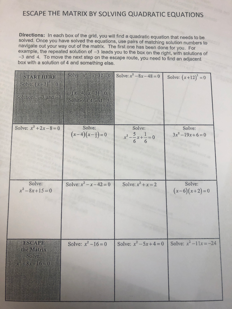 ESCAPE THE MATRIX BY SOLVING QUADRATIC EQUATIONS  Chegg.com Regarding Solving Quadratic Equations Worksheet