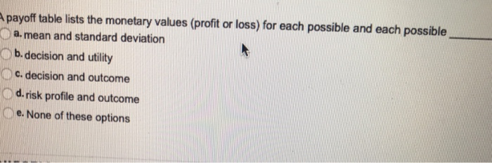 payoff table lists the monetary values (profit or loss) for each possible and each possible D a.mean and standard deviation b. decision and utility c. decision and outcome d. risk profile and outcome e. None of these options