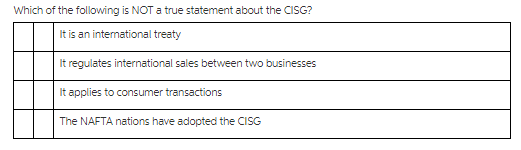 Which of the following is NOT a true statement about the CISG? It regulates international sales between two businesses it applies to consumer transactions