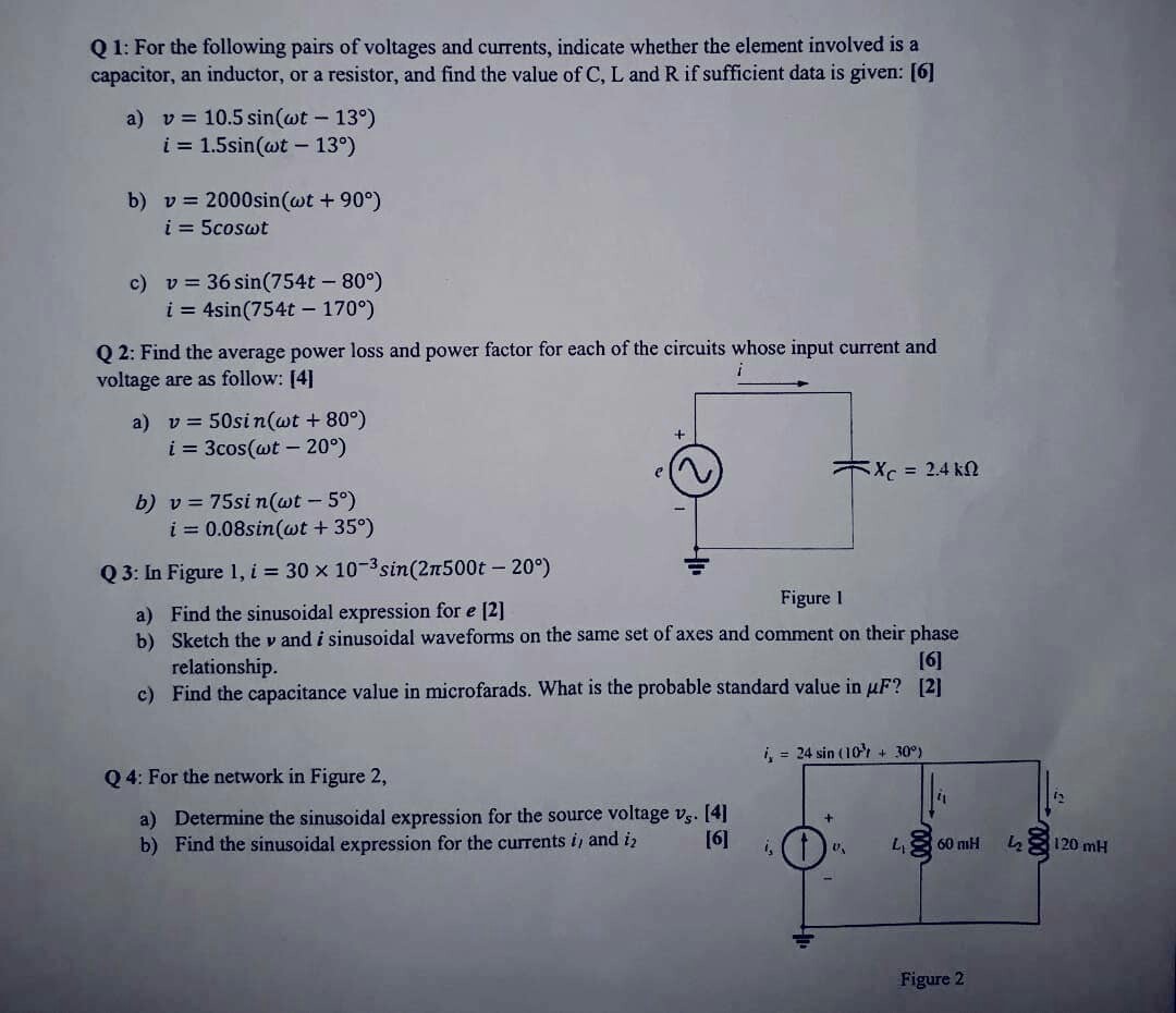 Solved Q 1 For The Following Pairs Of Voltages And Curre Chegg Com