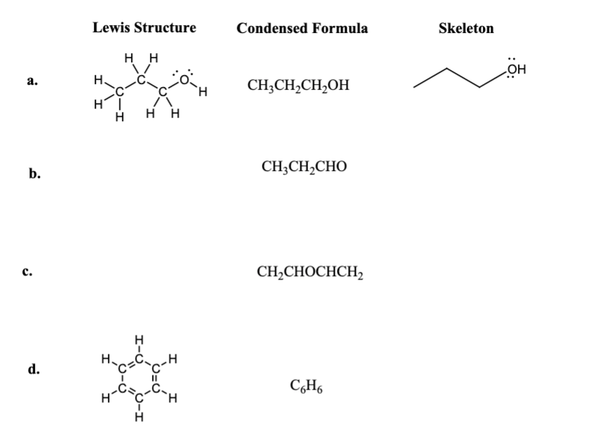 Condensed Formula Lewis Structure Skeleton НН он CH3CH2CH2OH НН CH3CH2CHO b...