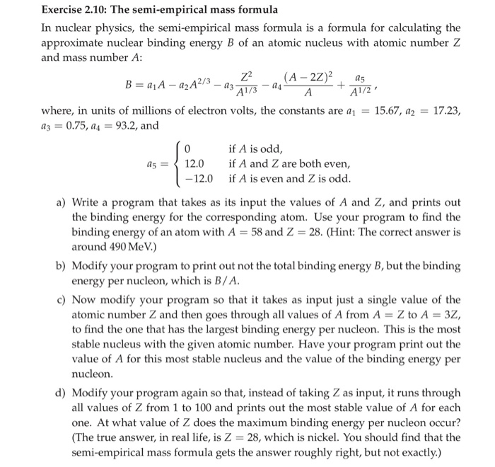 Solved Exercise 2 10 The Semi Empirical Mass Formula In Chegg Com