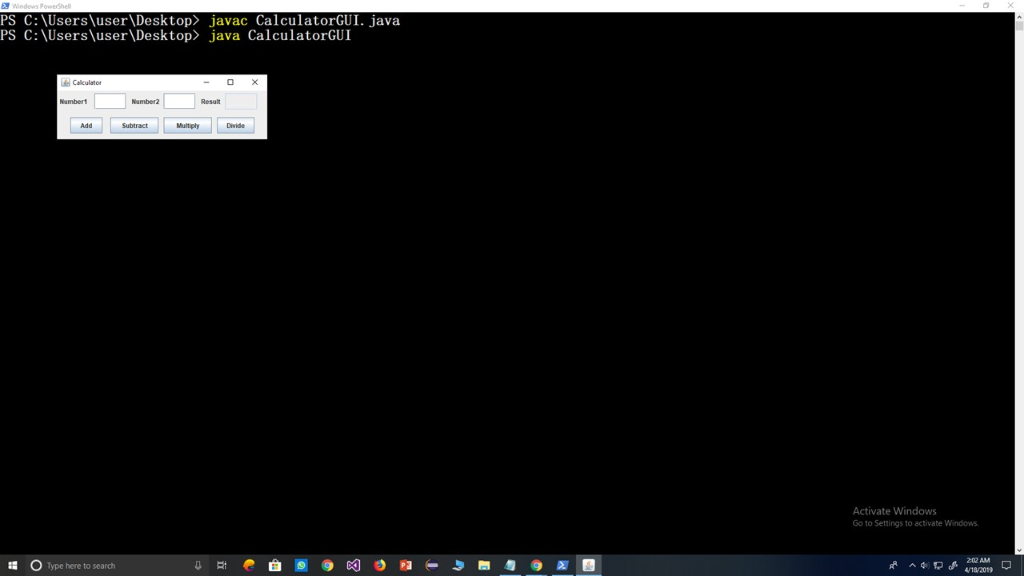 t PS C: UsersluserDesktop> javac CalculatorGUI. java PS C:UsersuserDesktop java CalculatorGUI Calculatr Multiply Activat