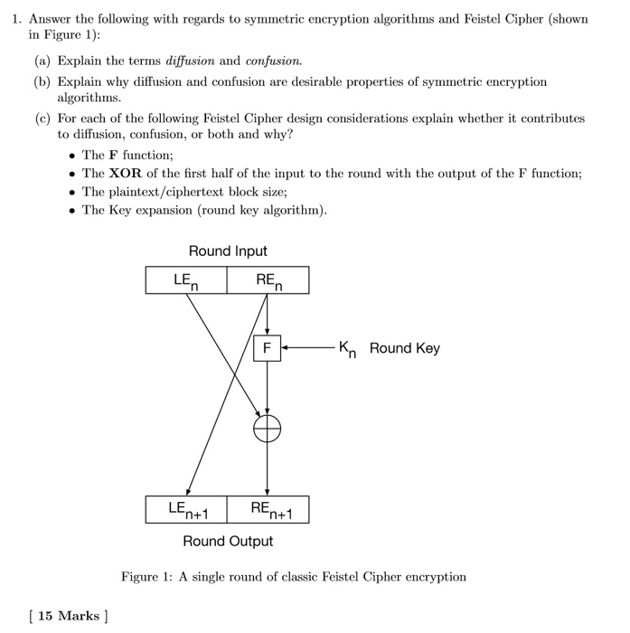 1. Answer the following with regards to symmetric encryption algorithms and Feistel Cipher (shown in Figure 1): (a) Explain the terms diffusion and confusion. (b) Explain why diffusion and confusion are desirable properties of symmetric encryption algorithms. (c) For each of the following Feistel Cipher design considerations explain whether it contributes to diffusion, confusion, or both and why? . The F function; . The XOR of the first half of the input to the round with the output of the F function; . The plaintext/ciphertext block size; . The Key expansion (round key algorithm) Round Input LE RE Kn Round Key LE RE n+1 n+1 Round Output Figure 1: A single round of classic Feistel Cipher encryption 15 Marks ]