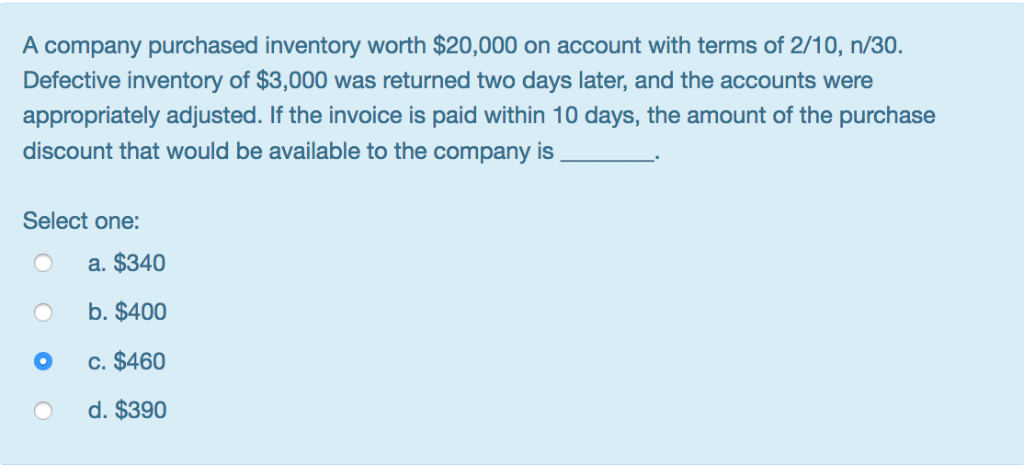 When a company is offered terms 2/10 N 30 what discount has it been offered if it pays within 10 days?